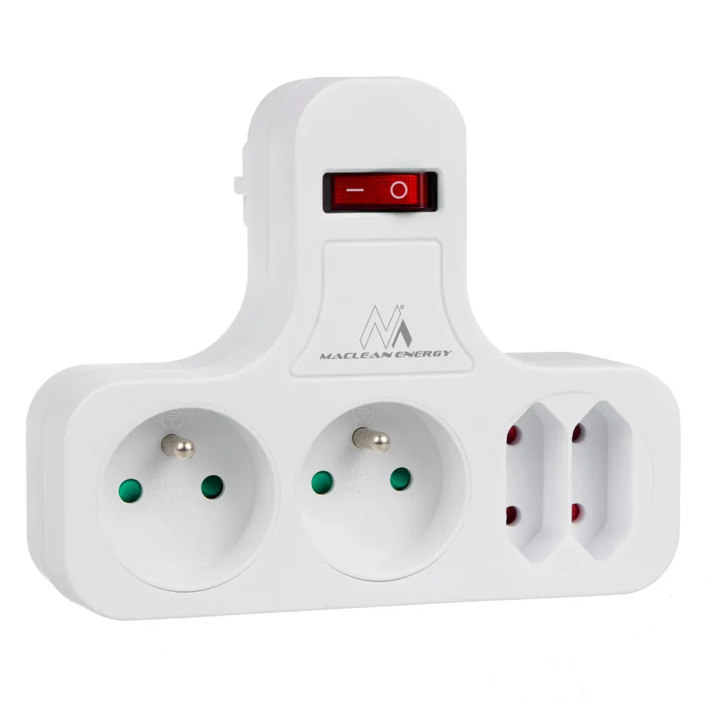 Multiprise Maclean quadruplet avec interrupteur marche/arrêt, pied de stabilisation, Type E, 2x2.5A, 2x16A, MCE224 avec ce...
