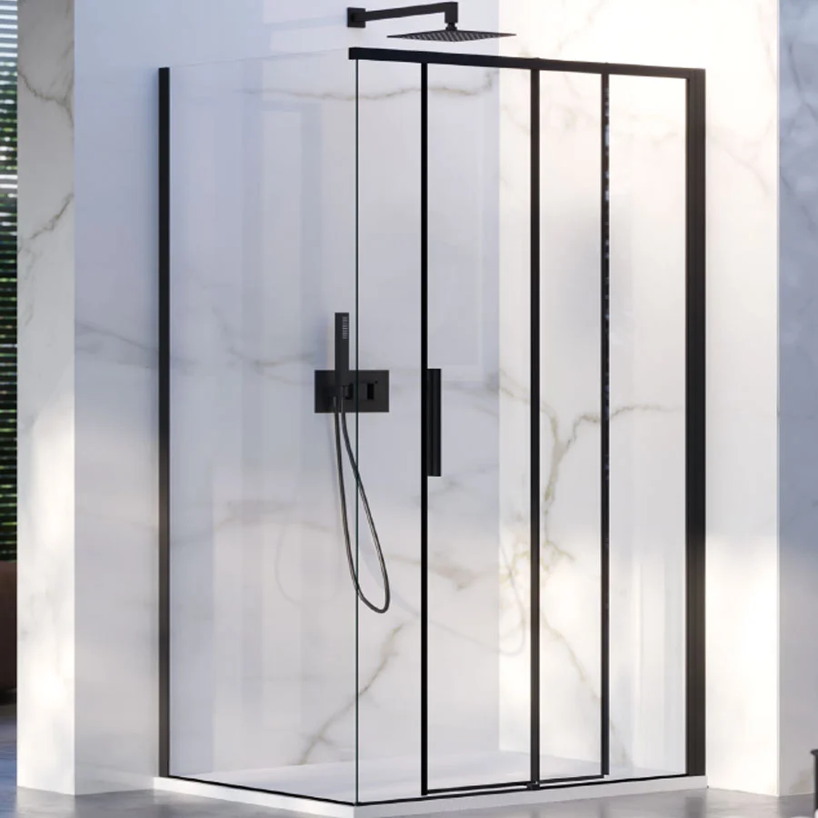 Cabine de douche d'angle 90x100 avec côté fixe et porte coulissante en verre 6 mm et profil noir Version droite