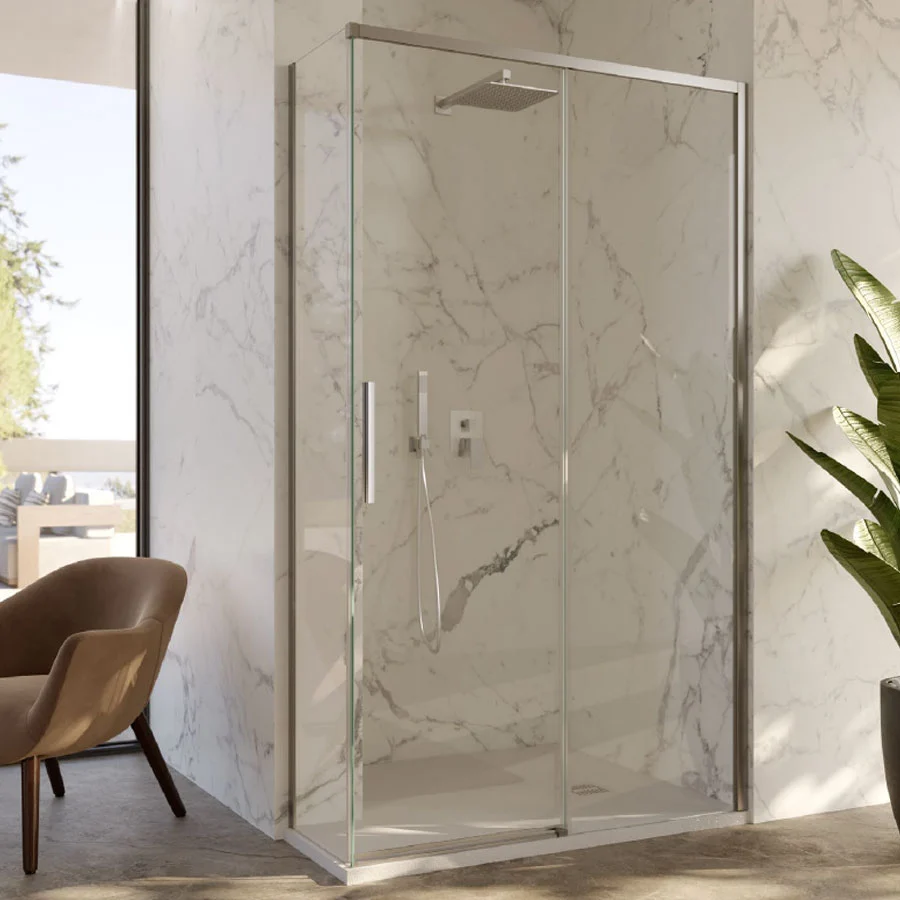 Cabine de douche d'angle 90x90 avec côté fixe et porte coulissante en cristal 6 mm et profilé acier chromé brillant Versio...