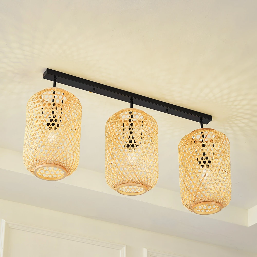 Abat-jour conique Lucande plafonnier Jorick, 3 lampes, longueur 104,5cm, bambou