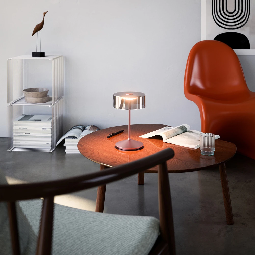 Lampe de table LED accumulateur Numotion, or rose, verre, IP54, intensité