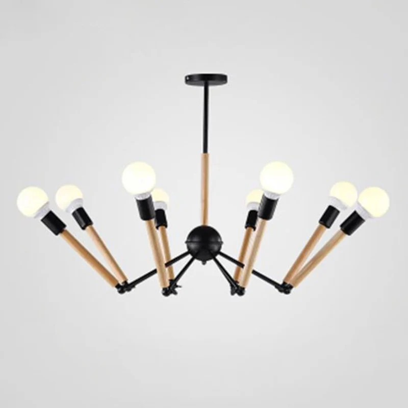 Lustre araignée noir et bois, Style Loft, plafonnier en métal pour salon avec LED intégrée non remplaçable