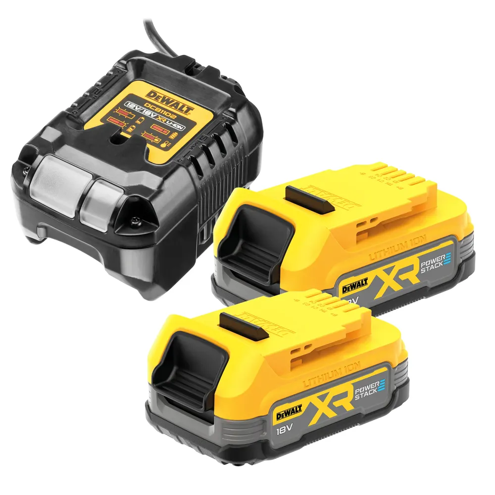 Kit de 2 batteries Dewalt Chargeur de batterie PowerStack 18 V 1,7 Ah DCBP034 + DCB1102