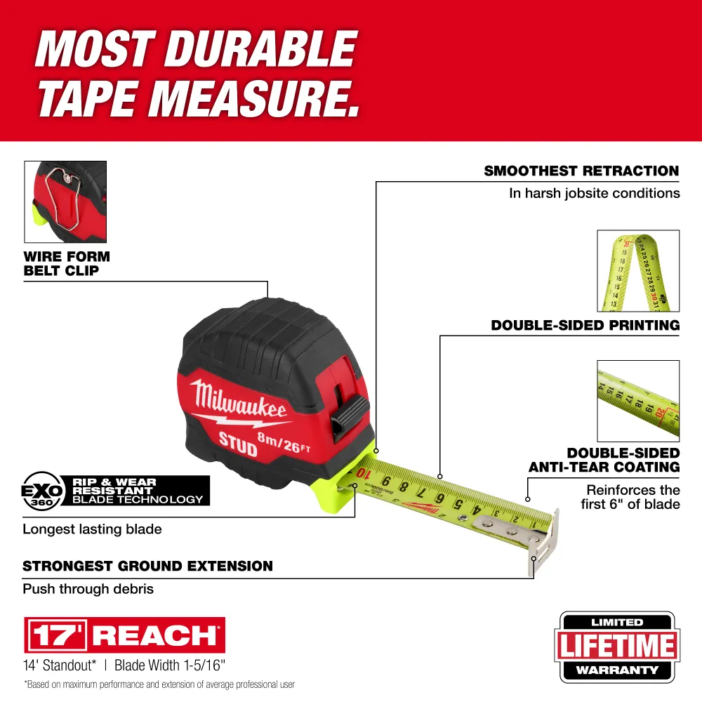 Mètre à ruban Milwaukee 8 m/26 pi STUD™