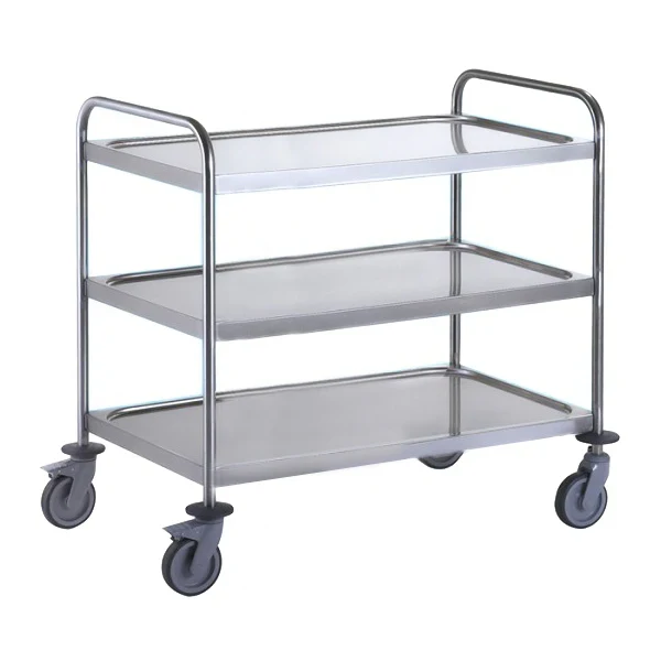 3 Tier Stainless Steel Rectangular Trolley – 304 Grade Dished Shelves & Braked Castors