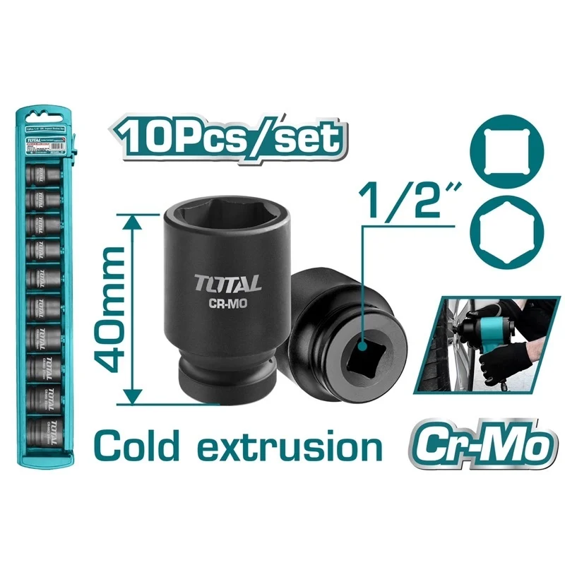 Jeu 10 Douilles à Choc TOTAL THISTD12101 1/2" – CrMo | 11-24mm | Traité Thermiquement
