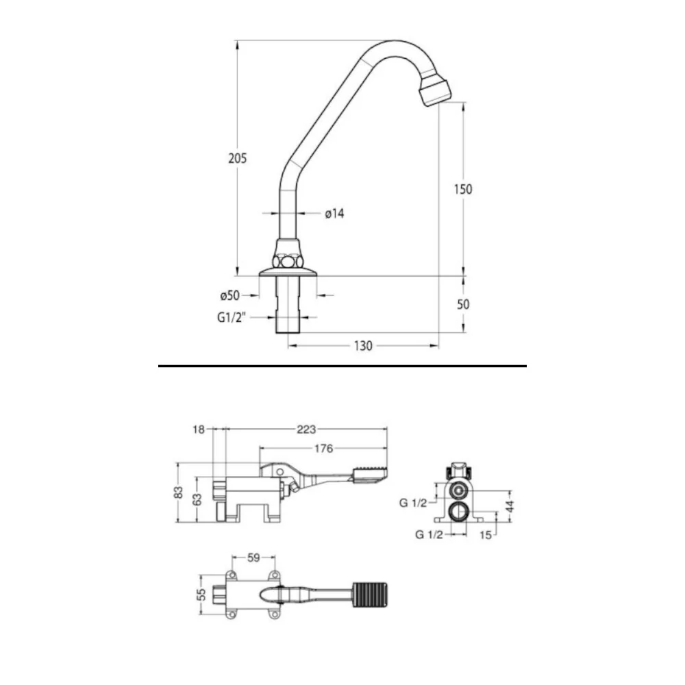 Kit preassemblato con rubinetto pedale ottone cromato