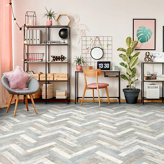 Porte-rouleau Sol Vinyle First - Imitation parquet usé chevron coloré - Rouleau de 4m x 15m