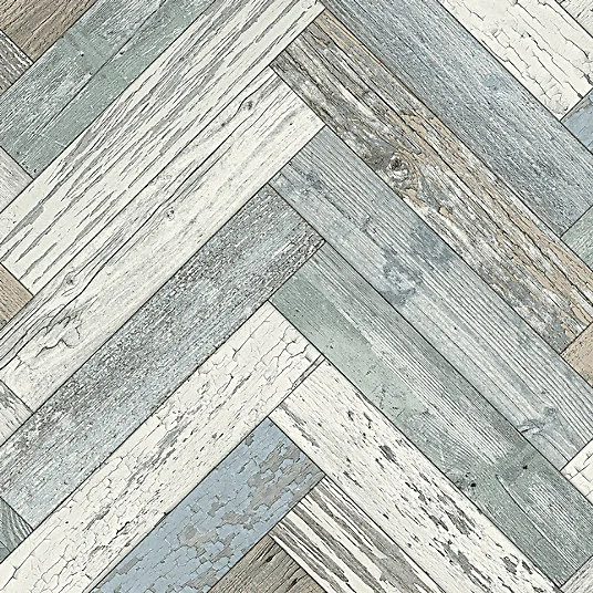 Support de brosse Sol Vinyle First - Imitation parquet usé chevron coloré - Rouleau de 4m x 10m