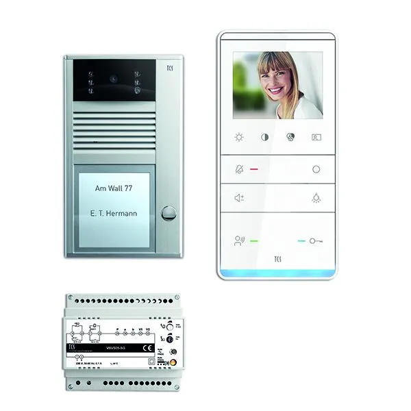 Vidéo commande de porte TCS : pack AP V2D pour 1 logement avec platine de rue AVC 1 bouton sonnerie 1x haut-parleur vidéo...