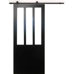 Porte Coulissante Atelier Noir H204 X L73 Sans Meneau + Rail Roulettes Et 2 Coquilles Gd Menuiseries