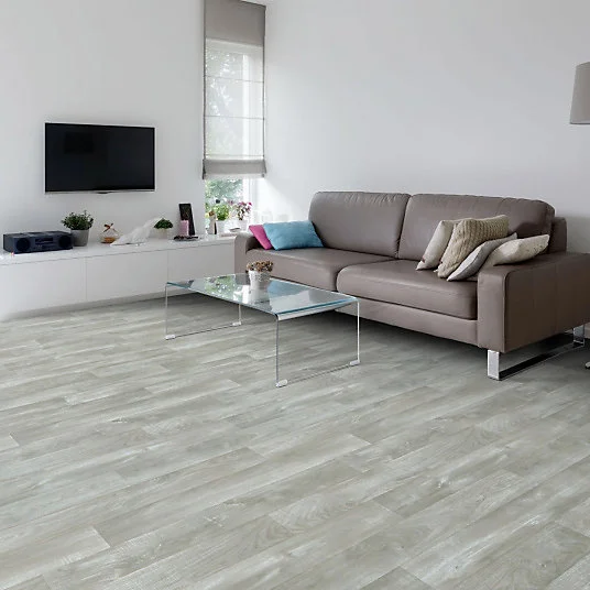 Sol Vinyle First - Imitation parquet gris évident - Effet argenté - Rouleau de 2m x 3m