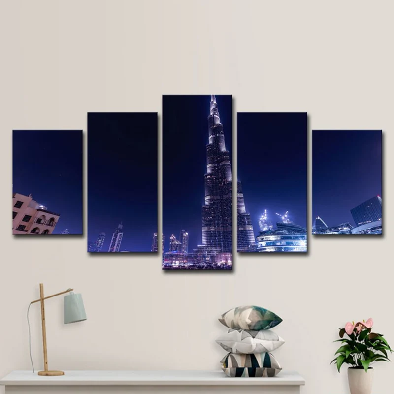Décoration murale d'inspiration mondiale, impression sur toile bleue de Dubaï Burj Khalifa la nuit pour la maison effet mat