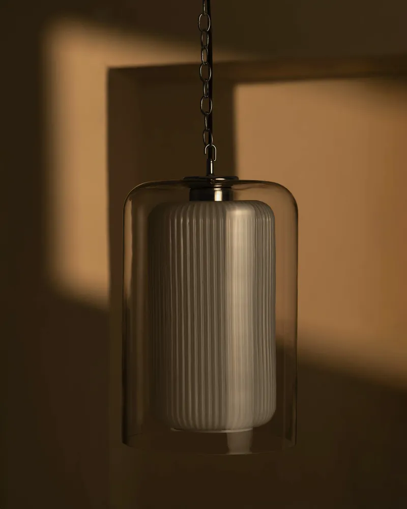 Windsor Suspension Ample Format en Verre Opalin - Nickel Poli