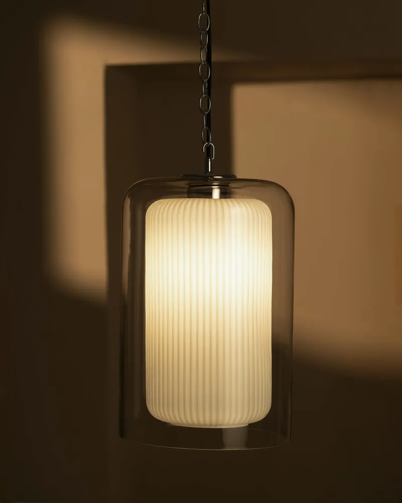 Windsor Suspension Ample Format en Verre Opalin - Nickel Poli