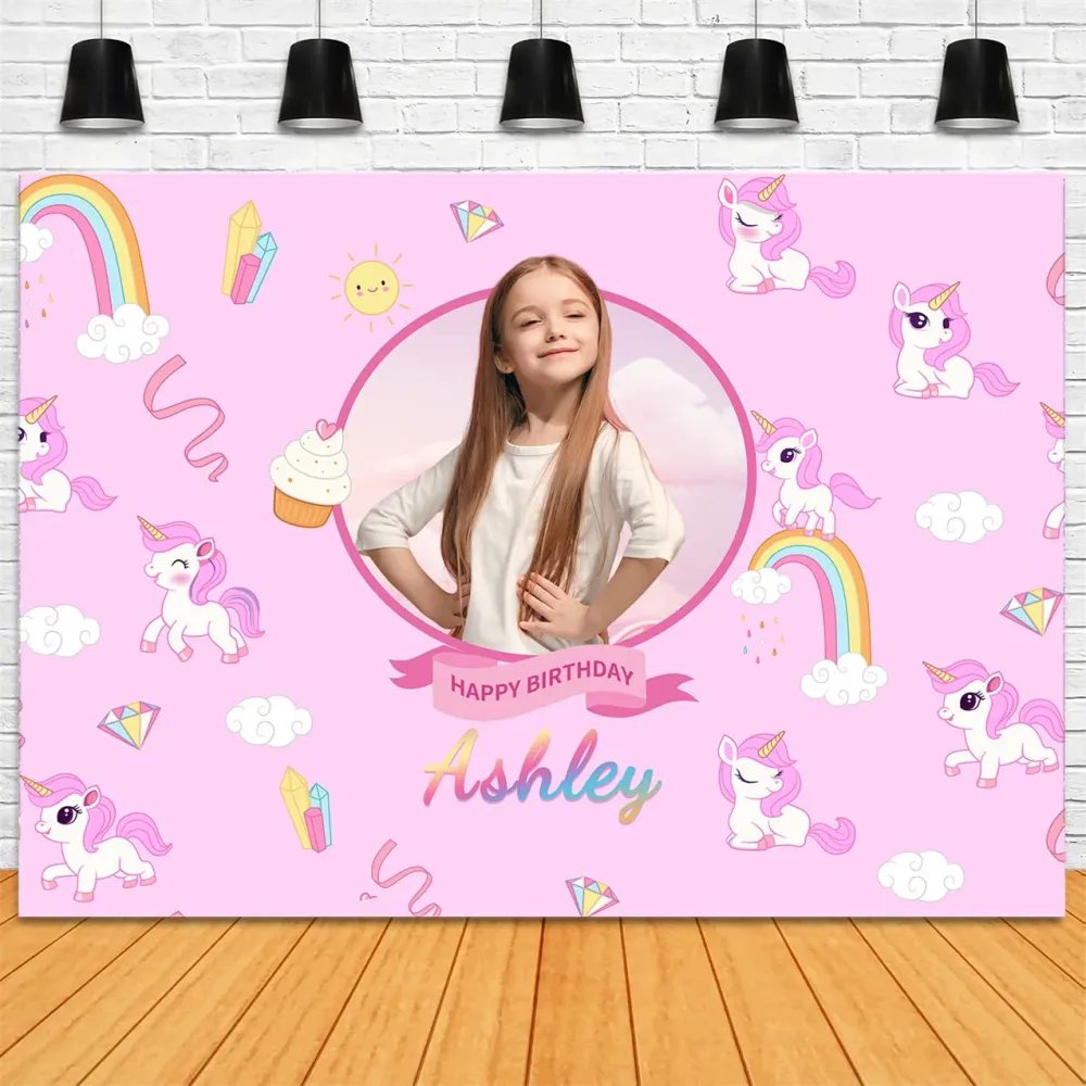 Toile de fond Anniversaire Personnalisable Licorne Rose Arc-en-ciel LXX1-241