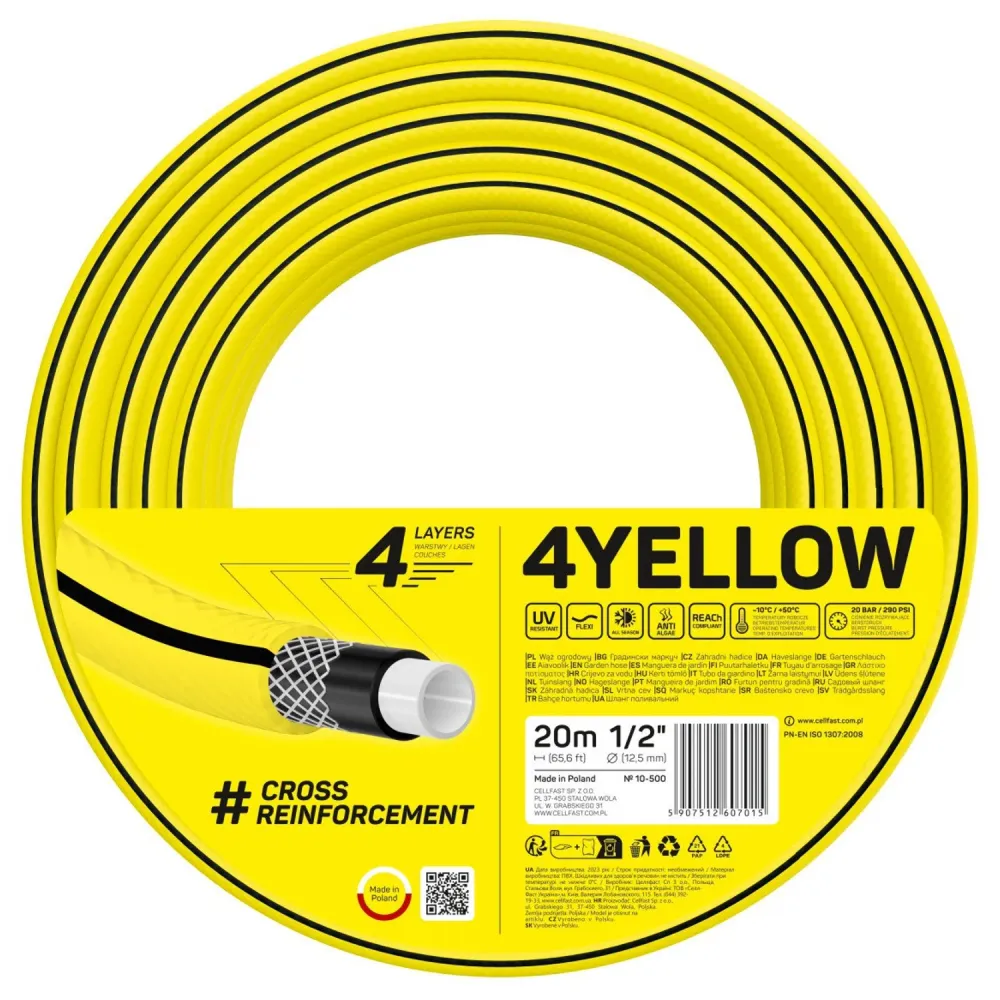 CELLFAST 4YELLOW tuyau d'arrosage 10-500 1/2" 20 m 4 plis - Diamètre 40mm