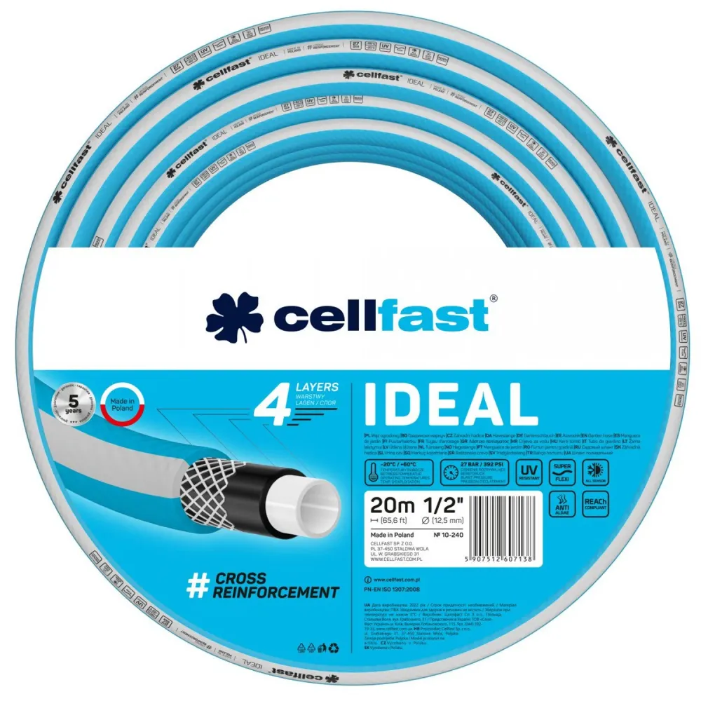 Inox AISI 304 CELLFAST IDEAL 10-240 Tuyau d'arrosage 1/2" 20 m 4 plis